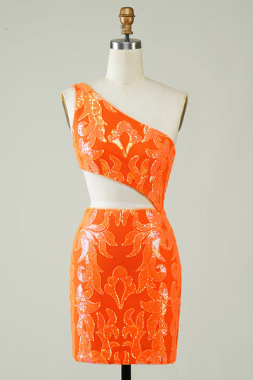 Orange One Shoulder Glitter Short Formal Dress with Hollow-out